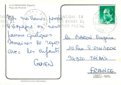 Benidorm - Costa Blanca — vista da praia com palmeiras e voiliers — editor POSTALES N.153 — Verso
