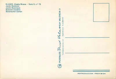 Jardim Botânico de Blanes — Costa Brava — Postales Dura Velasco, série 9, n° 79 — Verso
