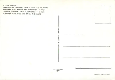 Burgos — Avenida del Generalísimo i katedra w nocy — Wydawnictwo A. Esperon — Rewers