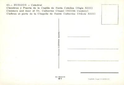 Burgos - Katedra - Klasztor i drzwi kaplicy św. Katarzyny (XIII wiek) — Wydawnictwo A. Esperón, Madryt — Rewers
