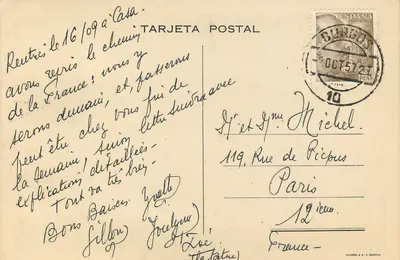 Hostal 'El Cid' - Burgos — illustration colorée d'un établissement avec terrasse et voitures d'époque — Verso