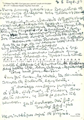 Mulher com papagaios — obra de Walasse Ting — editor Art Unlimited Amsterdam — Verso