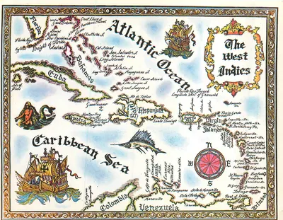 Carta postal ilustrada do mar das Caraíbas — As Índias Ocidentais — editada por Caribe Tourist Promotions, Porto Rico