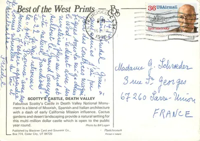 Castelo de Scotty — Monumento Nacional Death Valley — Publicado pela Blackner Card and Souvenir Co., Box 774, Cedar City, UT 84720 — Verso