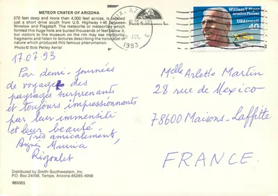Cristal Meteor — Arizona — editor Smith-Southwestern Inc. n° 865005 — Verso