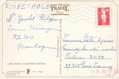 Lago Tahoe — vista de barcos a vela — Reno-Tahoe Specialty, Inc. n° L-142 — Verso
