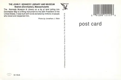 John F. Kennedy Library & Museum — Boston (Dorchester), Massachusetts — Klein Card — Verso