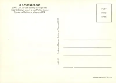 S.S. TICONDEROGA — (1906) Ostatnia niezawodna parowóz z pionowymi łopatkami w Stanach Zjednoczonych — Shelburne Museum, Vermont — Rewers