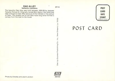Alley of Oaks — Vacherie, Louisiana — Express Publishing Co. Inc. EP-15 — Verso