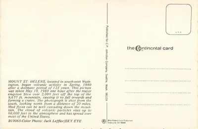 Mount St. Helens — Erupção vulcânica do 18 de maio de 1980 — Continental Card — Verso