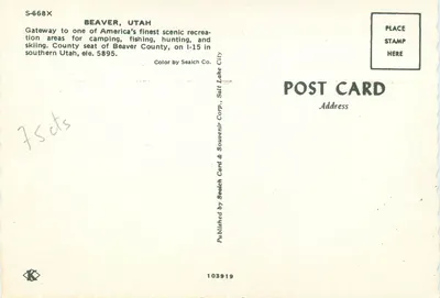 Beaver, Utah — vista da rua principal com hotéis e postos de gasolina — Salt Lake City — Verso