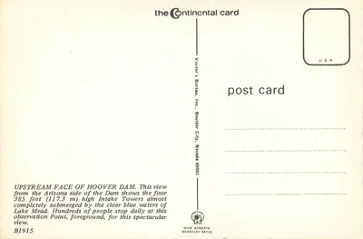 Face amontante do barragem Hoover — vista do lado da Arizona — Continental card — Verso