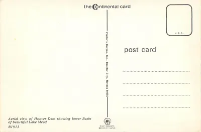 Barragem Hoover — Lago Mead — Continental card, B1913 — Verso