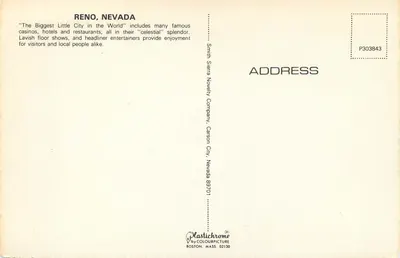 Reno, Nevada — A Maior Cidade Pequena do Mundo — Smith Sierra Novelty Company — Verso