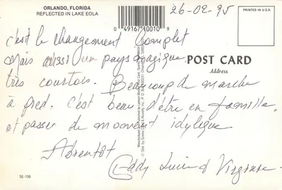 Orlando — vista noturna com fonte e arranha-céus — Lawson Market Post Card, série SE-106 — Verso