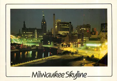 Milwaukee Skyline — A Night View of the Skyline of Wisconsin — Published by © Scofield Souvenir & Postcard Co., Box 402, Menomonee Falls, WI 53051