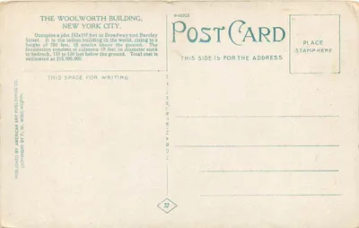 Woolworth Building, Nowy Jork — wydawca American Art Publishing Co., numer seryjny R-43753 — Rewers