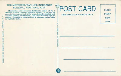 Budynek Metropolitan Life Insurance — Nowy Jork — C.T. American Art Co. n°92 — Rewers