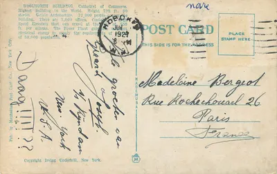 Woolworth Building, Nowy Jork — (Najwyższy Budynek na Świecie) — Wyd. przez Manhattan Post Card Co. — Rewers