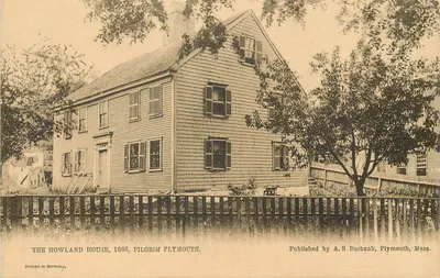 A casa Howland, 1666, Pilgrim em Plymouth — publicada por A.S. Burbank, Plymouth, Mass.