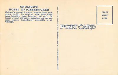 Chicago's Hotel Knickerbocker — ilustracja — C.T. Art-Coltorne, n° 3B-H208 — Rewers