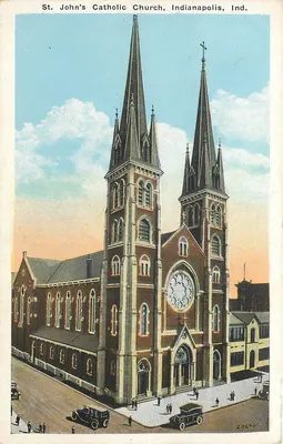Igreja Católica de São João, Indianapolis, Ind. — vista da igreja com dois campanários — editor Dewolf News Co., n° 20646