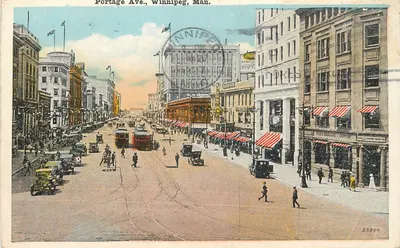 Portage Ave., Winnipeg, Man. — vista urbana com trams e lojas — Valentine & Sons, n° 23886