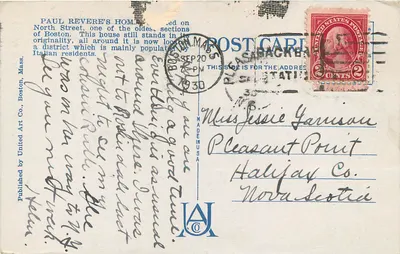 Casa de Paul Revere, Boston, Mass. — Editora United by United Art Co., n° 26068 — Verso