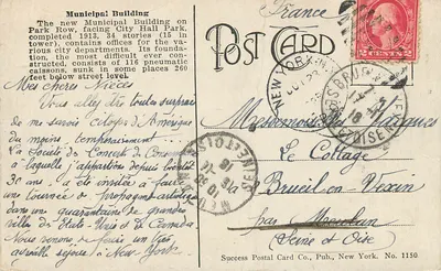 Budynek Miejski, Nowy Jork — Success Postal Card Co., Wyd., Nr 1150 — Rewers