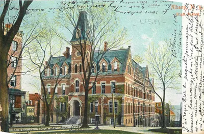 Albany High School — édifice en brique avec tourelle — éditeur A. De Blaey, Albany, N.Y. (numéro 2209)