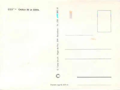Calella — widok wybrzeża i fara — wydawca G. Costa Uruchi — Rewers