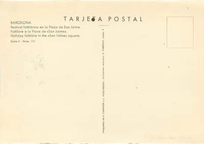 Festival folklorystyczny na Placu San Jaime — Barcelona — wydawca A. Fabregat, seria II nr 113 — Rewers