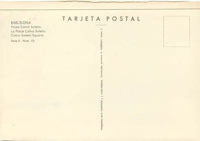 Plaza Calvo Sotelo — Barcelona — Publisher A. Fabregat, No. 102 — Back