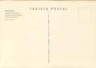 Plaza de Cataluña — Barcelona — wydawca A. Fabregat, seria II n°1 — Rewers