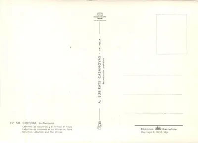 Córdova — o labirinto de colunas e o mihrab em segundo plano — A. Subirats Casanovas, N° 730 — Verso
