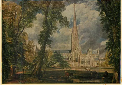 Catedral de Salisbury — detalhe de uma pintura no Victoria and Albert Museum — editor The Medici Society Ltd., Londres, n° P.C. 942