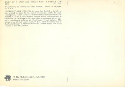 Carta con caballos y perro — estudio de John Constable — editor The Medici Society Ltd., Londres — Reverso