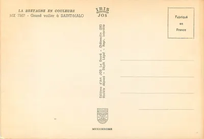 Duży statek żaglowy w Saint-Malo — Wydawnictwo Iris JOS, nr MX 7507 — Rewers