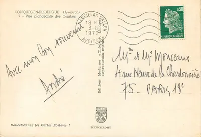Conques-en-Rouergue — Vue plongeante des Combés — Éditions Mexichrome — Verso