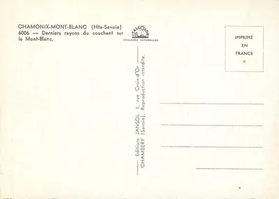 Chamonix-Mont-Blanc — Ostatnie promienie zachodzącego słońca na Mont-Blanc — Wydawnictwo Jansol, Chambéry — Rewers