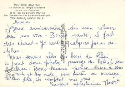 Mulhouse (Haut-Rhin) — Dziewiczy zegarmistrz Świętego Etienne widziany z muru obwodowego — Wydawnictwo 'La Cigogne' SODALFA — Rewers