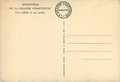 Mosteiro da Grande Chartreuse — Uma cela e seu jardim — Editor Hélo M. Lascuyer & Filhos, Lyon — Verso