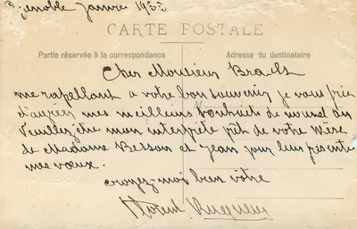 Grenoble — widok panoramiczny z zasnieżonymi górami — kartka pocztowa — Rewers