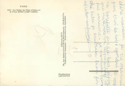 Paris — A Sena no Ponte d'Iéna e a Torre Eiffel (1887-1889) — Éditions GUY — Verso