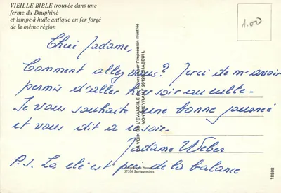 Stara Biblia i lampa olejowa — STARA BIBLIA znaleziona na wsi w Dauphiné i stara lampa olejowa z żelaza z tej samej okolicy — Drukarnia Montmeyran F 26120 Chabeuil — Rewers