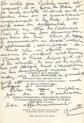 La anunciación a los pastores — Extracto de las « Très riches Heures du duc de Berry » — BICE, 1982 — Reverso