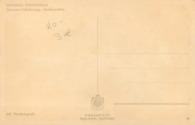 Danse folklorique à Skansen — Stockholm — Éditeur Ensamrätt, n° 202 — Verso