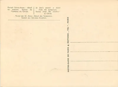 Portał św. Anny — szczegół nadpisu — sceny z dzieciństwa Chrystusa — Wydawnictwo Notre-Dame de Paris — Rewers