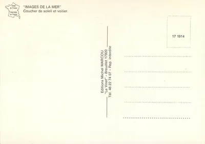 Zachód słońca i jacht — Obrazy morza — Wydawnictwo Michel Marcou, Breuillet 17920 — Rewers
