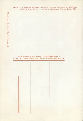 De Meester van 1488 — Anna van Frankrijk, hertogin van Bourbon, dochter van Lodewijk XI — Franse school, eind van de 15e eeuw — Achterkant